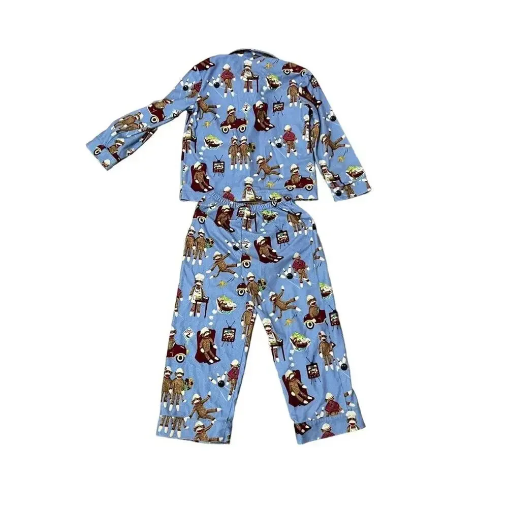 Nick & Nora Sock Monkey Flannel Pajamas PJ Set Long Sleeve Pants Blue Kids Small